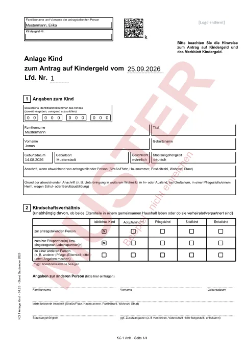 Muster: ausgefüllter Anlage Kind zum Antrag auf Kindergeld, Seite 1, mit erfundenen Beispieldaten