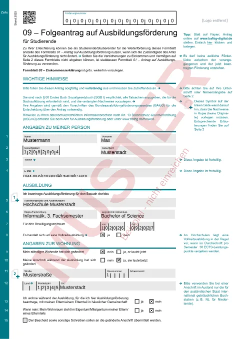 Muster: ausgefüllter Folgeantrag auf Ausbildungsförderung (BAföG Formblatt 09), Seite 1, mit erfundenen Beispieldaten