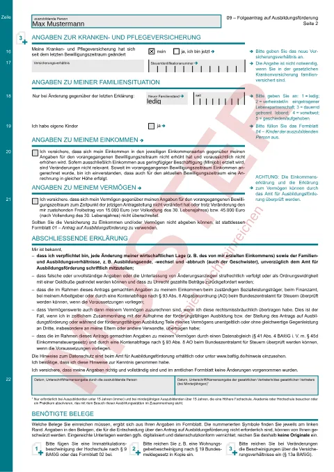 Muster: ausgefüllter Folgeantrag auf Ausbildungsförderung (BAföG Formblatt 09), Seite 2, mit erfundenen Beispieldaten