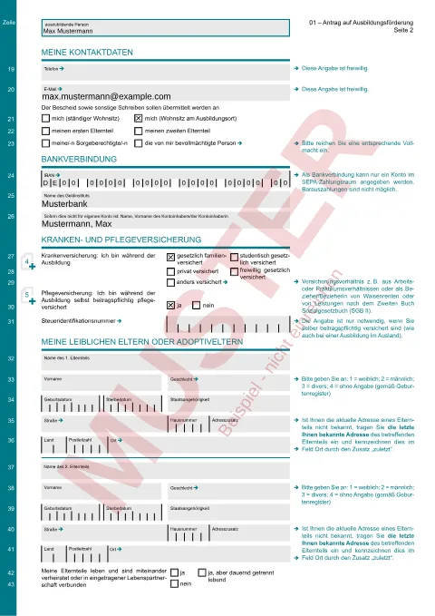 Muster: ausgefüllter Antrag auf Ausbildungsförderung (BAföG Formblatt 01), Seite 2, mit erfundenen Beispieldaten