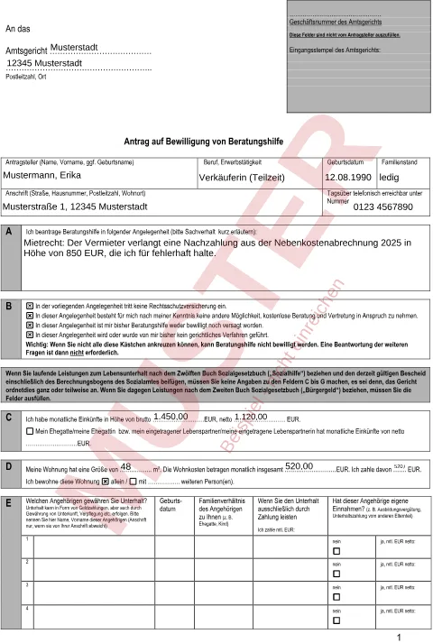 Muster: ausgefüllter Antrag auf Bewilligung von Beratungshilfe, Seite 1, mit erfundenen Beispieldaten