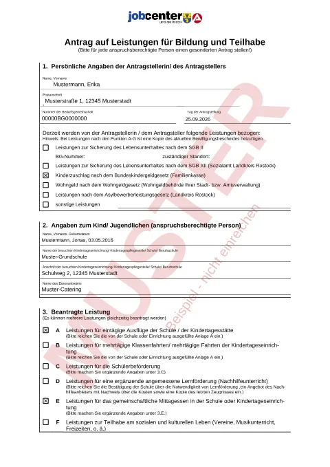 Muster: ausgefüllter Antrag auf Leistungen für Bildung und Teilhabe, Seite 1, mit erfundenen Beispieldaten