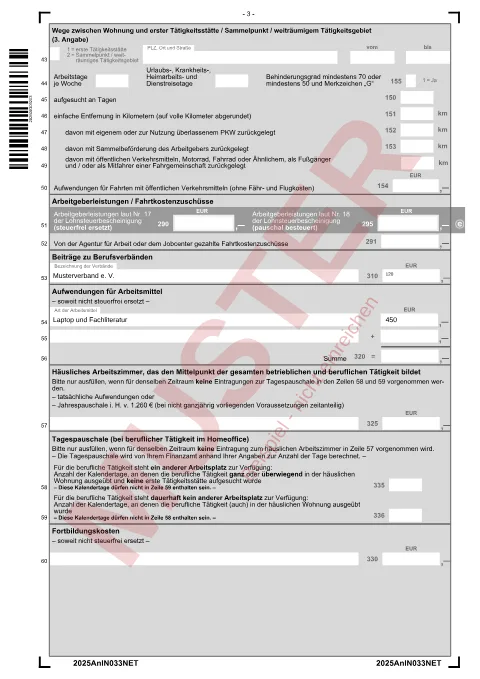Muster: ausgefüllter Anlage N – Einkünfte aus nichtselbständiger Arbeit, Seite 3, mit erfundenen Beispieldaten