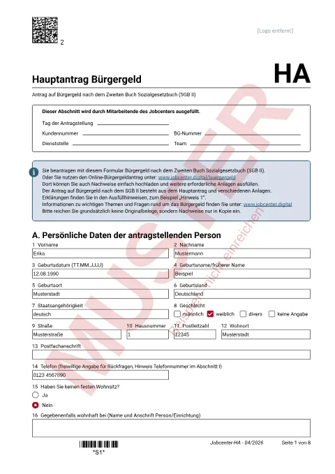Muster: ausgefüllter Hauptantrag auf Grundsicherungsgeld (bis 30.06.2026: Bürgergeld), Seite 1, mit erfundenen Beispieldaten
