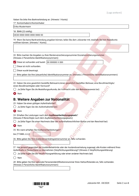Muster: ausgefüllter Hauptantrag auf Grundsicherungsgeld (bis 30.06.2026: Bürgergeld), Seite 2, mit erfundenen Beispieldaten