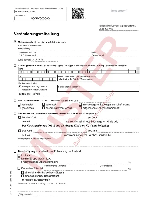 Muster: ausgefüllter Veränderungsmitteilung an die Familienkasse, Seite 1, mit erfundenen Beispieldaten