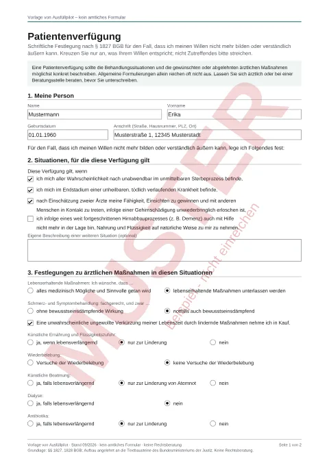 Muster: ausgefüllter Patientenverfügung, Seite 1, mit erfundenen Beispieldaten