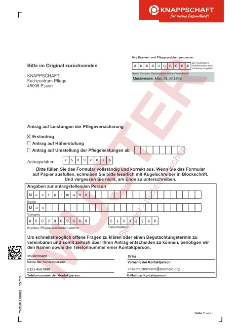 Muster: ausgefüllter Antrag auf Leistungen der Pflegeversicherung (Pflegegrad), Seite 1, mit erfundenen Beispieldaten