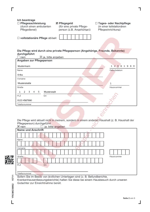 Muster: ausgefüllter Antrag auf Leistungen der Pflegeversicherung (Pflegegrad), Seite 2, mit erfundenen Beispieldaten