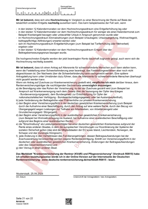 Muster: ausgefüllter Antrag auf Versichertenrente, Seite 21, mit erfundenen Beispieldaten