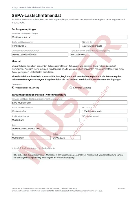 Muster: ausgefüllter SEPA-Lastschriftmandat, Seite 1, mit erfundenen Beispieldaten