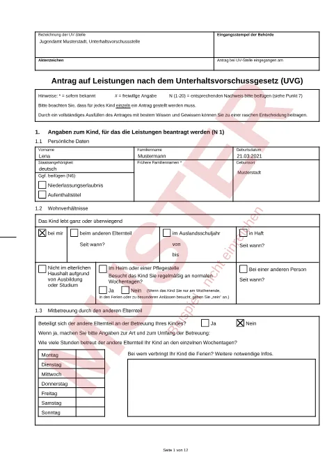 Muster: ausgefüllter Antrag auf Leistungen nach dem Unterhaltsvorschussgesetz (UVG), Seite 1, mit erfundenen Beispieldaten