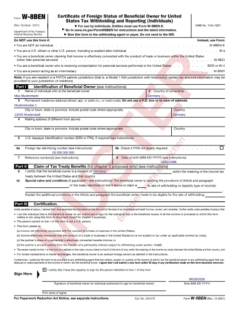 Muster: ausgefüllter Formular W-8BEN (Certificate of Foreign Status of Beneficial Owner for United States Tax Withholding and Reporting – Individuals), Seite 1, mit erfundenen Beispieldaten